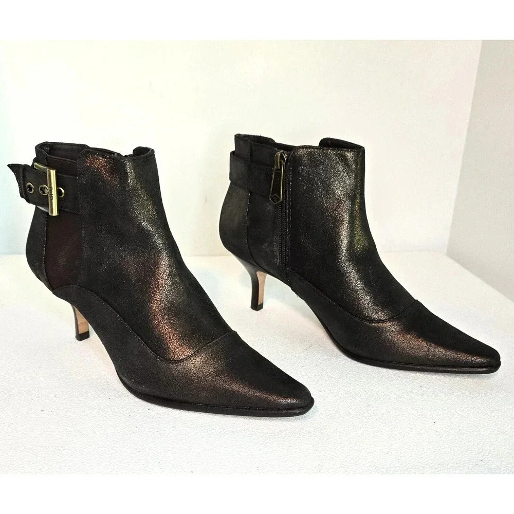 Donald J Pliner Longa Booties Brown Metallic Heeled Ankle Buckle Zip SZ 8 M